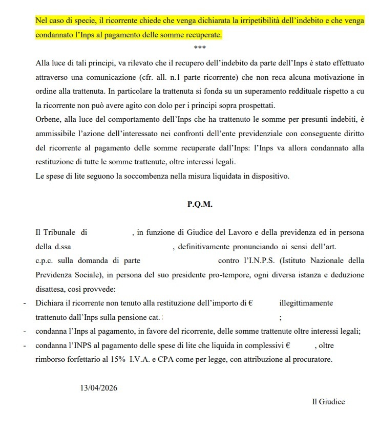 Sentenza favorevole decadenza INPS ripetizione indebito pensione contributiva